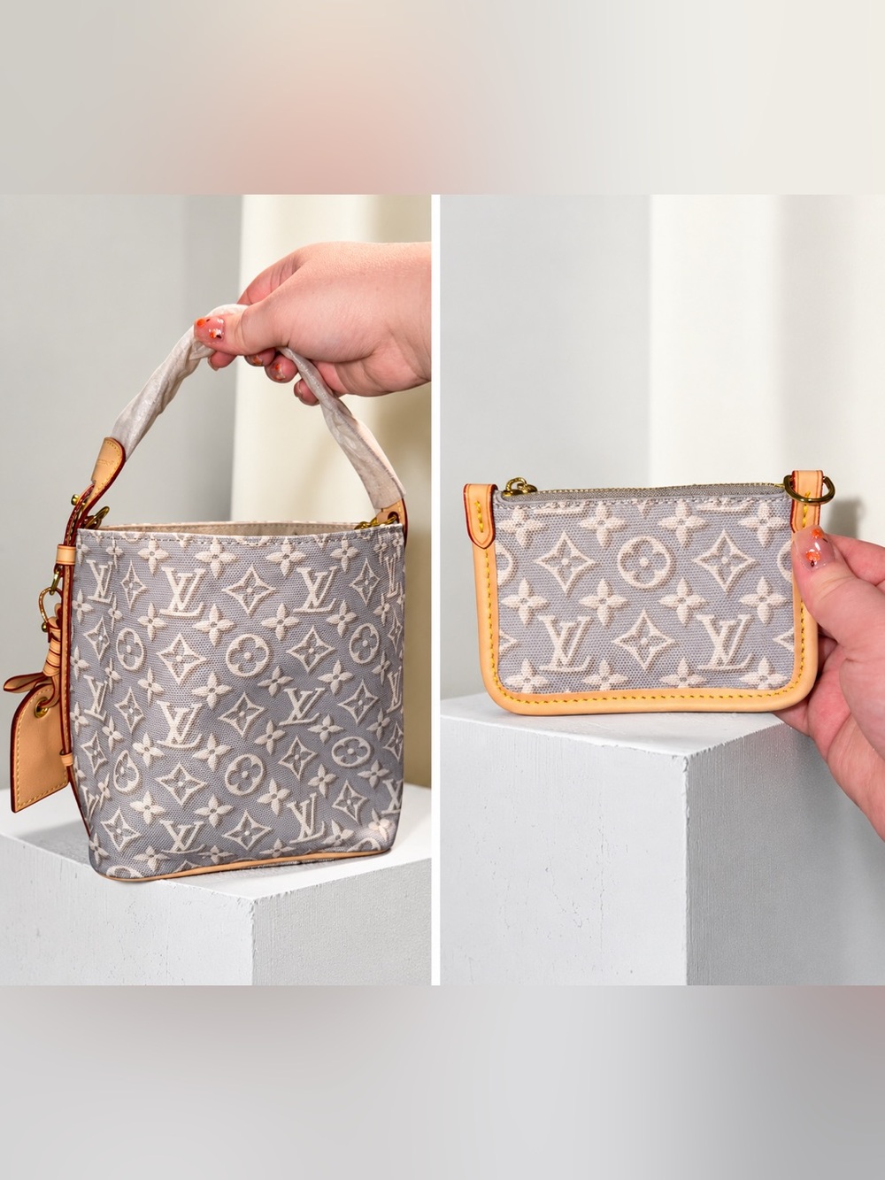 Neutral Gray monogram Shoulder Bag/crossbody with Tan Trim & wallet included